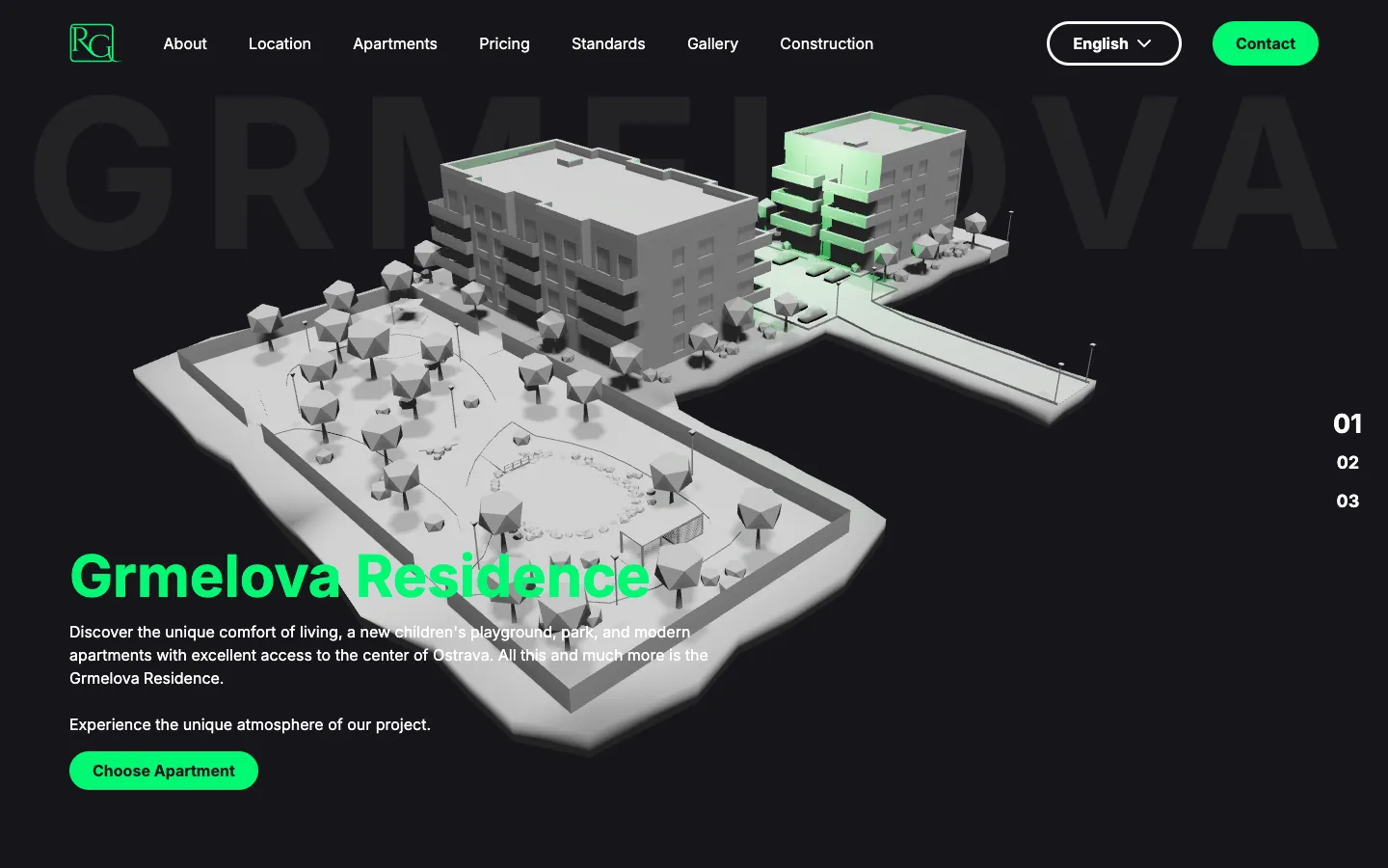 Rezidence Grmelova, úvodní stránka webu