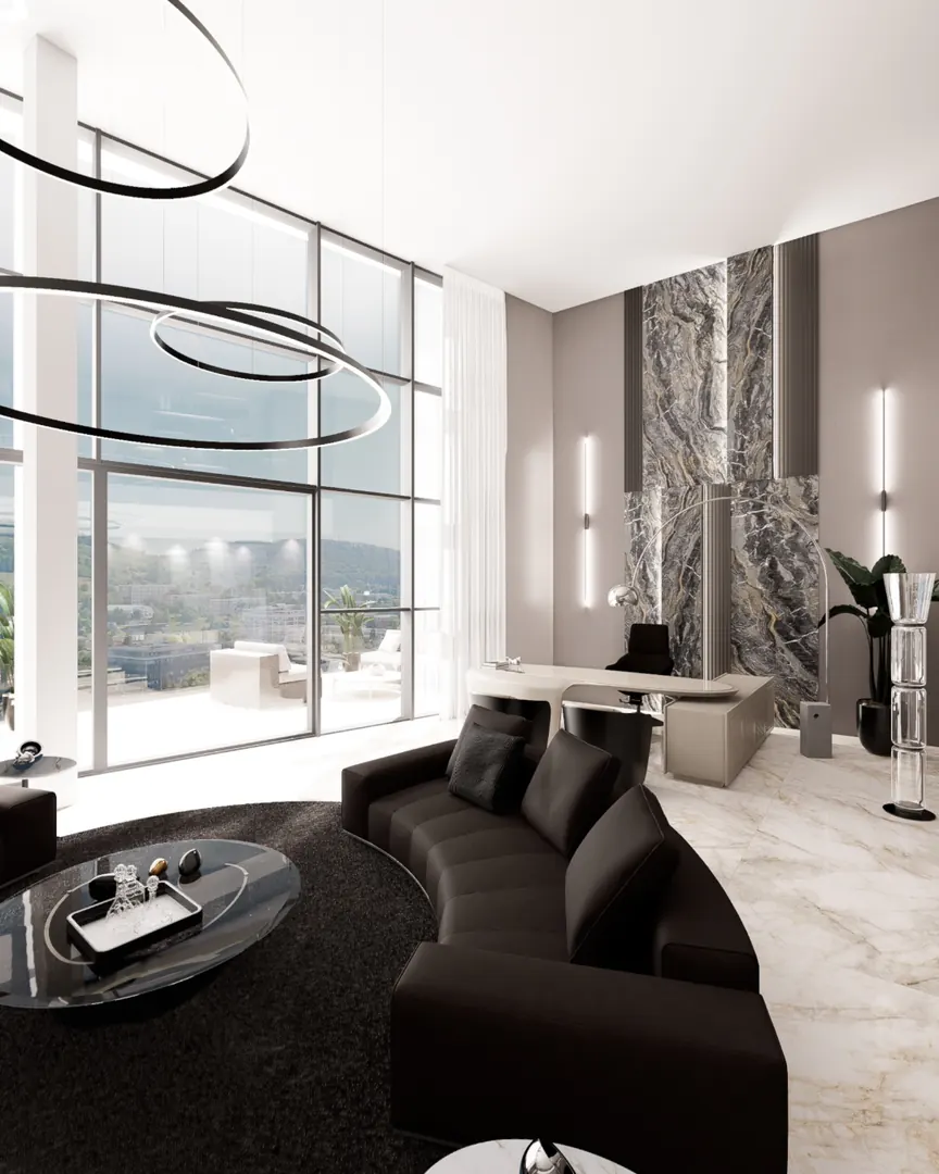 Prohlídka 360° loftu Park Tower C10: společenský prostor dokola