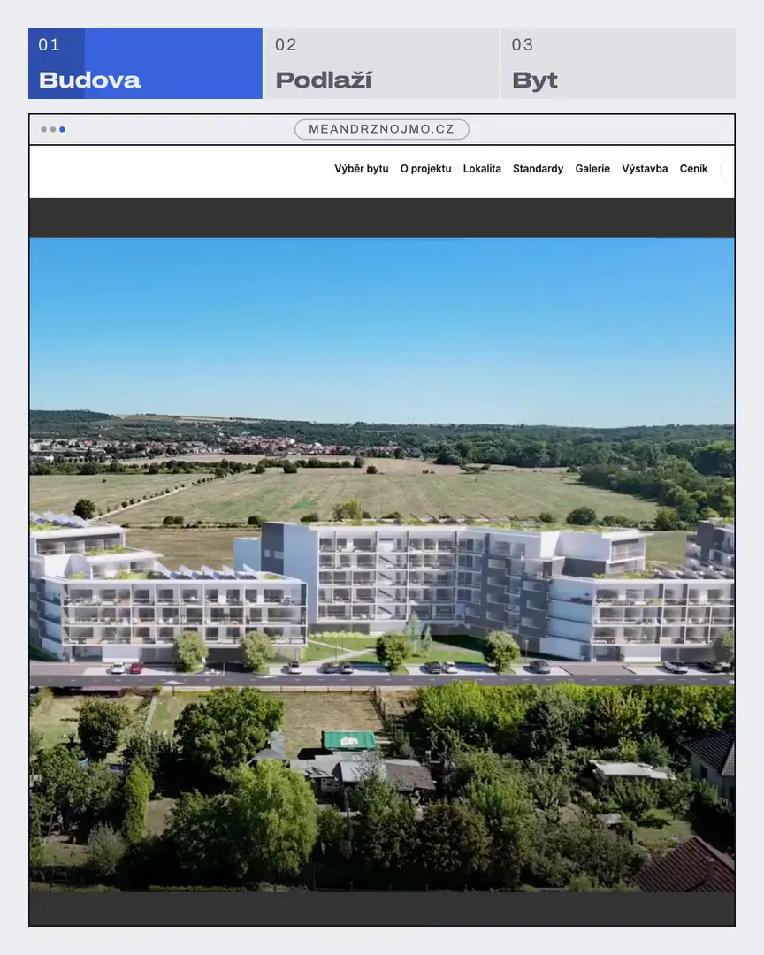 Výběr bytu na webu Meandru Znojmo: budova, podlaží, byt a jeho karta s cenou